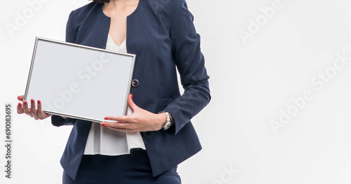 Bisness woman holding brochure with blank cover on white background 