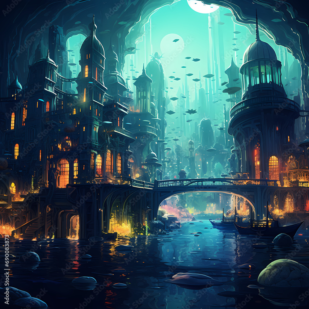 A surreal underwater city with glowing structures.