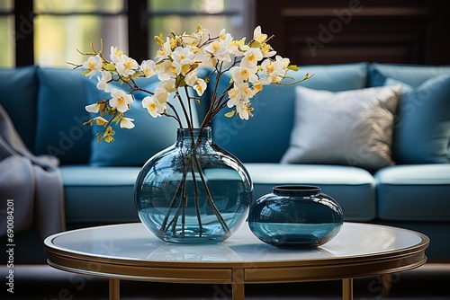 Interior of an attractive living room with flowers in glass vase