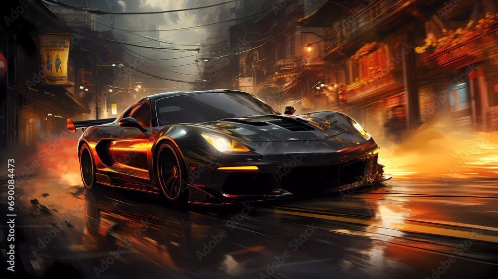 Naklejka premium Car drifting action scene concept art speed race