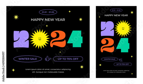 2024 Happy New Year banner. Abstract geometric hipster cool background. Marketing event. Website layout template set. Modern colorful collage style. Retro design. Trendy flat vector illustration.