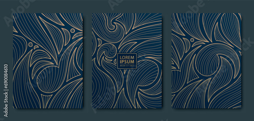 Vector japanese style floral covers, luxury golden patterns with leaves. Elegant package, wedding, birthday, beauty products templates. Line hand drawn texture.