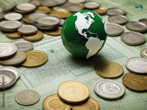 Coins and globe on the background of the map of the world