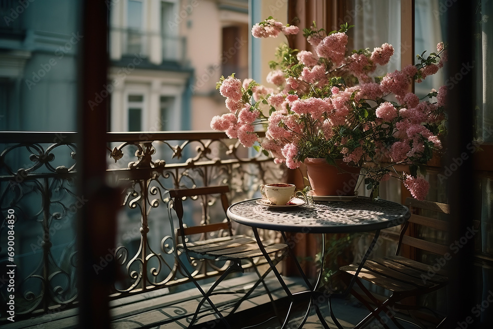 Small city terrace with table and beautiful flowering plant in spring