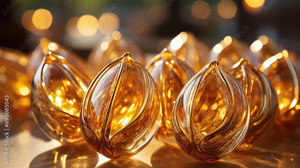 A closeup shot of a group of golden glass candlesticks A closeup shot of a group of golden glass candlesticks
