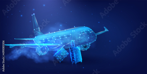 Futuristic Digital Airplane Concept with Luggage and Passport in a Network of Connectivity. An airplane, a cloud, a blue passport, luggage or luggage on a blue background.
