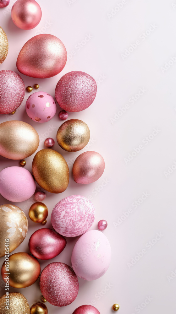top view of shiny gold and pink easter eggs on a white background, minimalistic, vertical easter phone wallpaper top view of shiny gold and pink easter eggs on a white background, minimalistic, vertical easter phone wallpaper