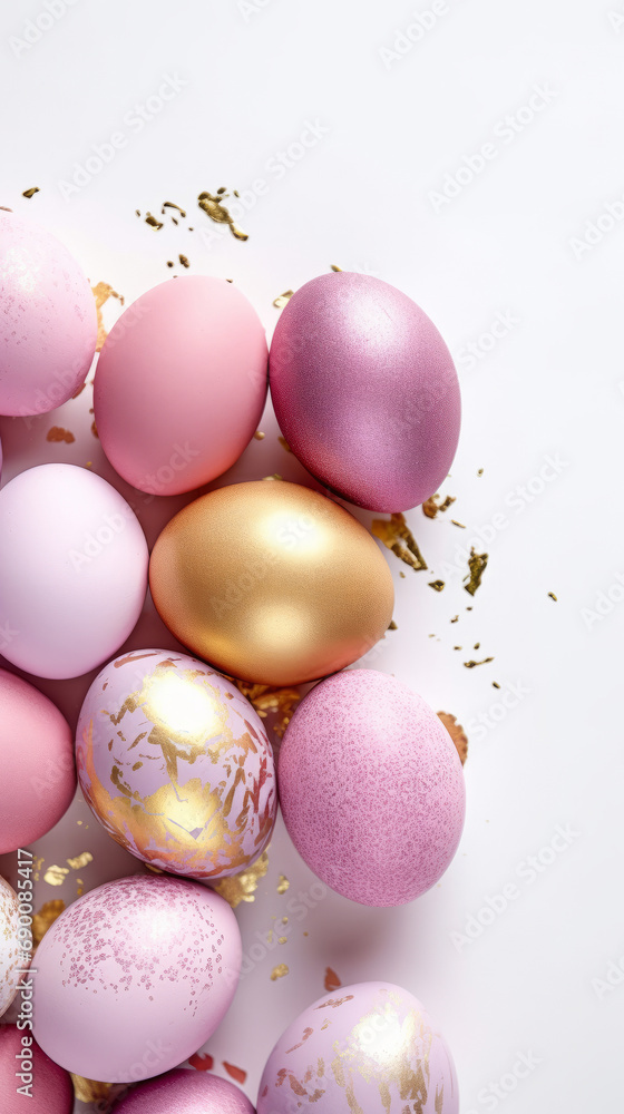 top view of shiny gold and pink easter eggs on a white background, minimalistic, vertical easter phone wallpaper top view of shiny gold and pink easter eggs on a white background, minimalistic, vertical easter phone wallpaper