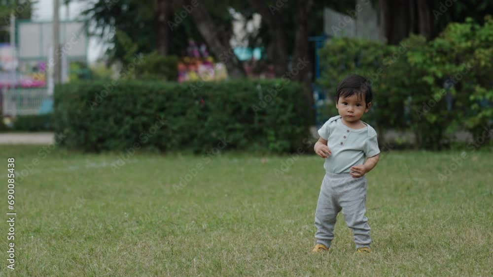 infant baby standing on a green grass in park infant baby standing on a green grass in park