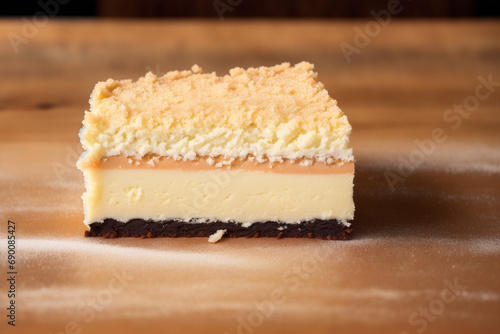 Vanilla slice. Delicious chocolate cheesecake with cup of coffee on wooden table. Generative AI