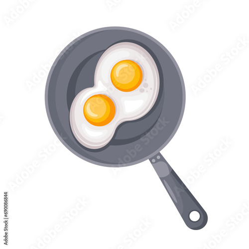 Frying pan with fried eggs. View from above. The concept of a morning breakfast with scrambled eggs. Cooking. Egg omelet. Vector illustration in the flat style