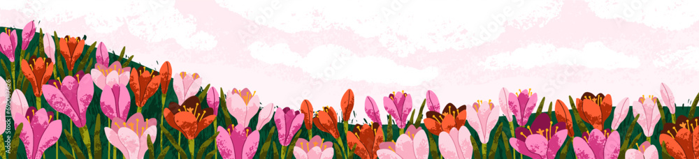 Field flowers landscape panorama. Meadow floral plants, spring nature background. Gentle summer blooms, blossomed wildflowers, beautiful gorgeous crocuses, wide banner. Flat vector illustration - obrazy, fototapety, plakaty 