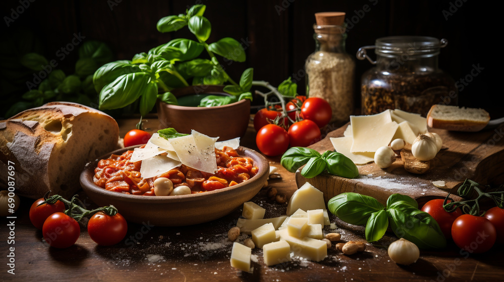 ingredients for preparing traditional risotto pasta on the kitchen table. ai generative ingredients for preparing traditional risotto pasta on the kitchen table. ai generative