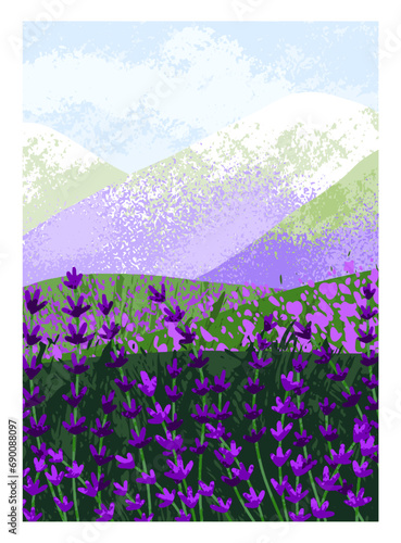 Lavender flowers card. Summer field, floral meadow, nature background. Spring...