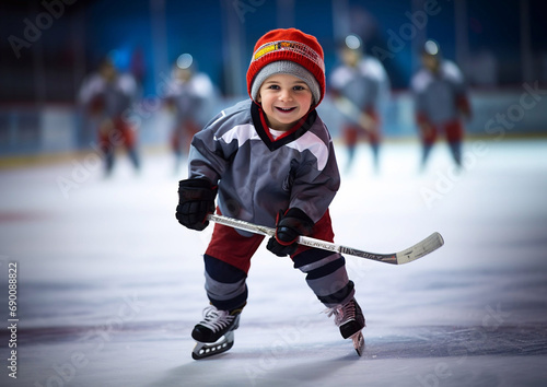 Happy little boy on large arena on ice hockey training.Macro.AI Generative.