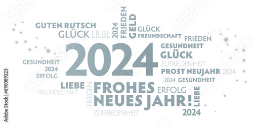 Neujahrsgrüße 2024 - silberne Schrift auf weißem Hintergrund - deutsch
