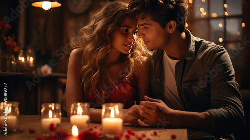 Young beautiful couple celebrating Saint Valentine's day. Romantic atmosphere and candlelights. photo
