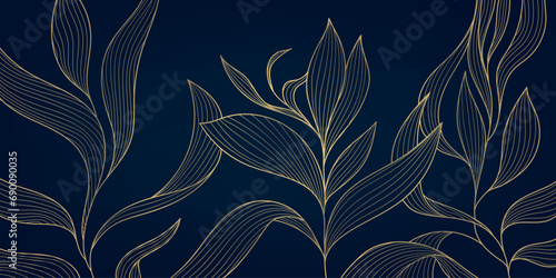 Vector golden art deco pattern with leaves. Elegant line illustration, japanese style nature ornament. Use for package, wall art, decor, beauty product design.
