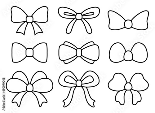 Simple hand-drawn bow collection. Vector bowknot. Set of bowtie. Isolated objects on white background.