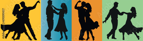 Dance, couples, silhouette, vector illustration, colorful background. Perfect for dance studio, dance class, dance event designs. Features ballroom, tango, salsa, swing, waltz, foxtrot photo