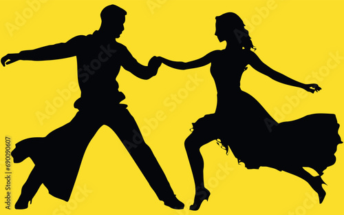 silhouette of couple dancing on yellow background Vector illustration. Man, woman in dance pose, ballroom romance. Love, passion, elegance, grace in movement. Art of dance, rhythm, celebration, party