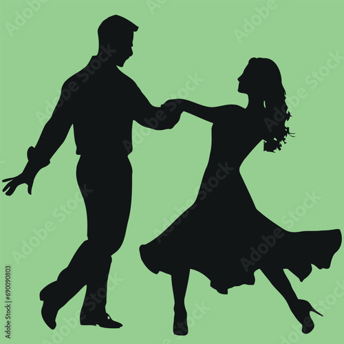 Illustration vectorielle, danseurs de salsa, silhouette noire, fond vert. Parfait pour projets de danse, musique, culture latine. Couple passionné, rythme vibrant, mouvement gracieux.