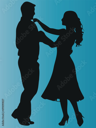 silhouette couple dancing, romantic pose, Vector illustration on blue background. Man, woman expressing love, romance through dance. Celebrate love, connection, intimacy