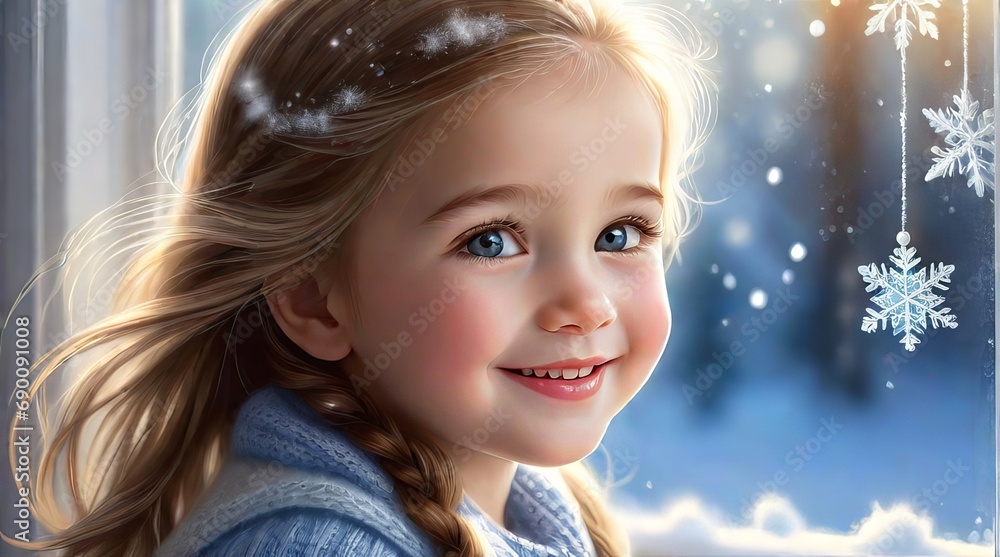 Young Girl Looking Out a Window at Snowflakes in Winter Young Girl Looking Out a Window at Snowflakes in Winter