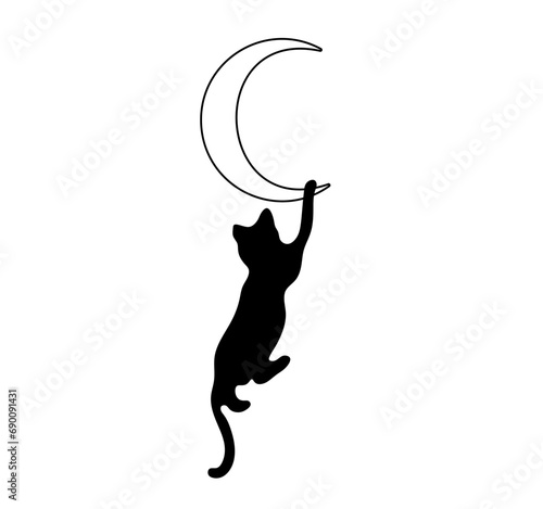 Vector isolated one single black cat hanging on the crescent moon colorless black and white contour line easy drawing