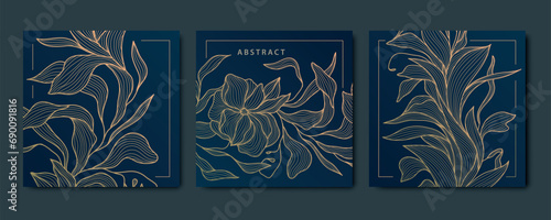 Vector set of art deco abstract luxury golden square cards, post templates for social net, leaves and flowers botanical modern, art deco wallpaper backgrounds. Floral line patterns.