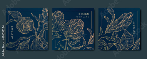 Vector set of art deco abstract luxury golden square cards, post templates for social net, leaves and roses botanical modern, art deco wallpaper backgrounds. Floral line patterns.