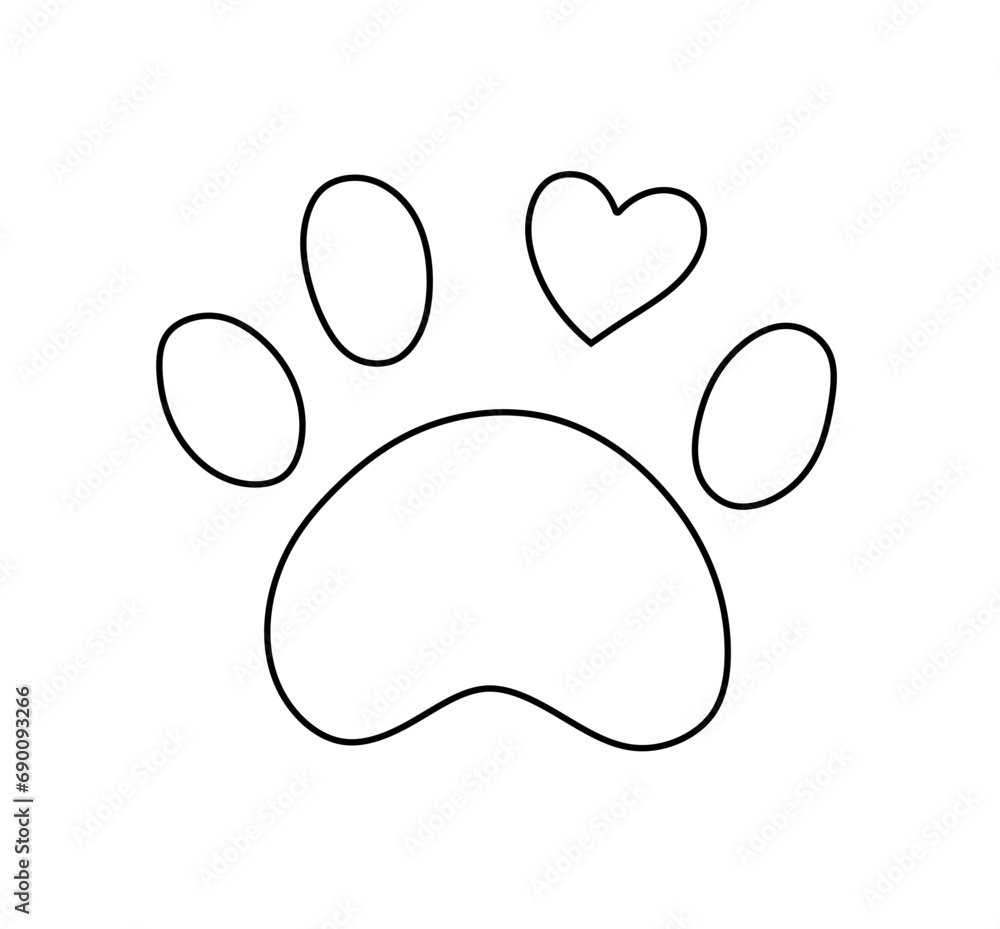 Vector isolated one single dog cat bear paw print with heart colorless black and white Vector isolated one single dog cat bear paw print with heart colorless black and white