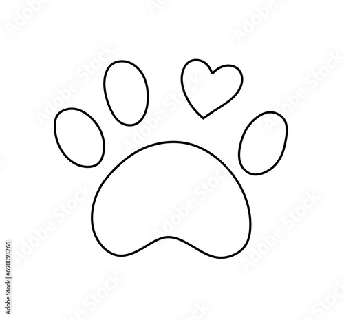 Vector isolated one single dog cat bear paw print with heart colorless black and white