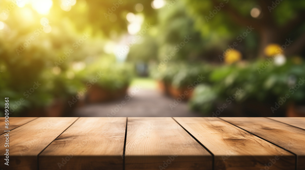 Fototapeta premium Empty wooden tabletop in the nature, copy space for product promotion