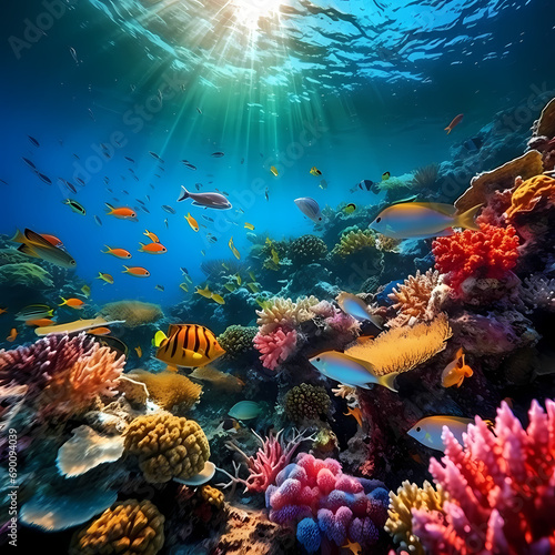 A vibrant coral reef teeming with marine life © Cao