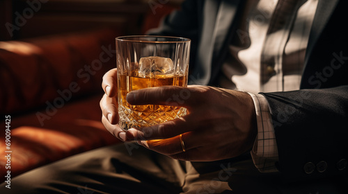 A glass of alcoholic drink in the hands of a man close-up. A man drinks alcohol in a hotel room or at home. Tasting spirits such as scotch, brandy or whiskey. Generated AI photo