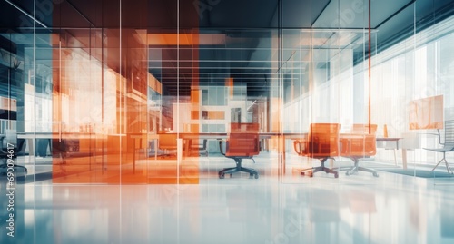 Blurred background of a modern office interior in gray tones with panoramic windows  glass partitions and orange color accents. Empty open space office. Abstract light bokeh at office interior.