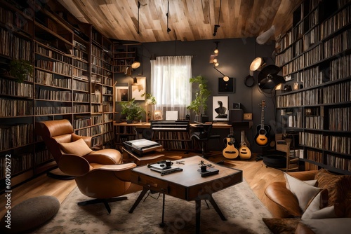 A music lover's sanctuary with a vinyl record player, soundproofing panels, and a cozy listening corner.