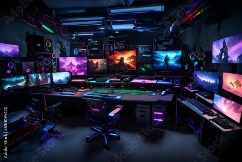 A gamer's paradise with multiple screens, RGB lighting, and a collection of gaming peripherals.