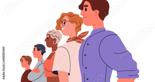 Team, group, community, union. Confident characters standing together in row. United society, party. Happy people activists looking forward. Flat vector illustration isolated on white background