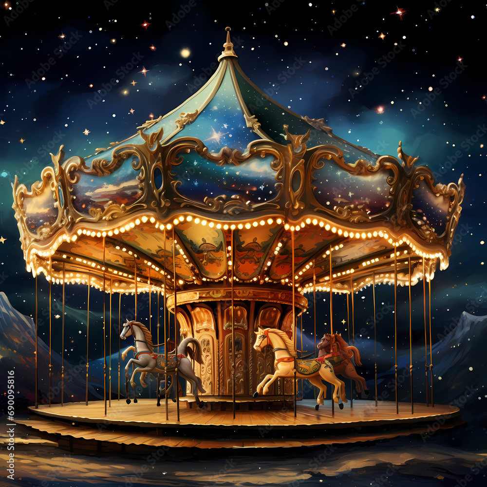 A whimsical carousel spinning under a starry night sky.
