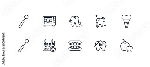 outline icons set from dental health concept. editable vector such as dentist mirror, radiograph, breath, dentures, dental house, dentist icons.