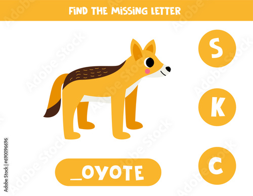 Find missing letter with cartoon coyote. Spelling worksheet.