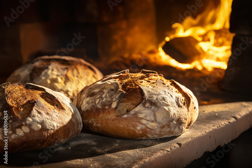 Fresh bread baking in a traditional stone oven - with the heat creating a perfect golden crust - symbolizing homely warmth and artisanal baking.