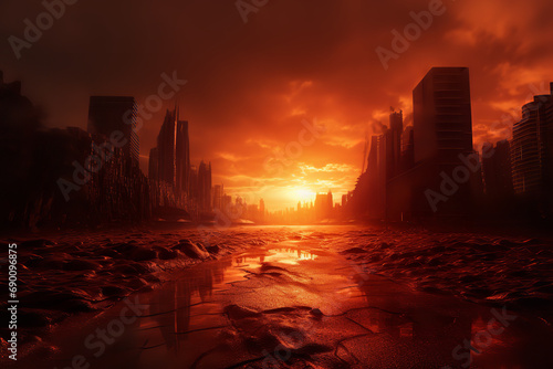Sweltering heatwave enveloping a bustling city - with shimmering air and hot streets - depicting a modern urban landscape under extreme heat. photo