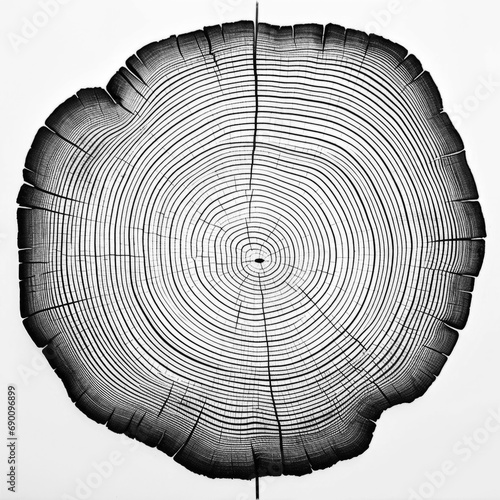 A graphic print of uneven black tree rings, wavy space between some rings isolated on a transparent background. Wood rings