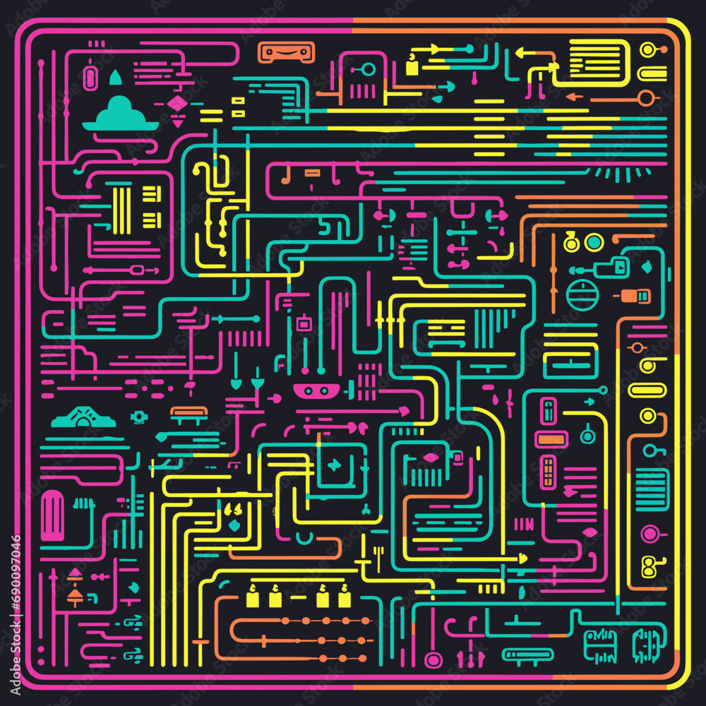 Cartoon cyber circuit board. Neon futuristic technology abstraction - microcircuit vector illustration Cartoon cyber circuit board. Neon futuristic technology abstraction - microcircuit vector illustration