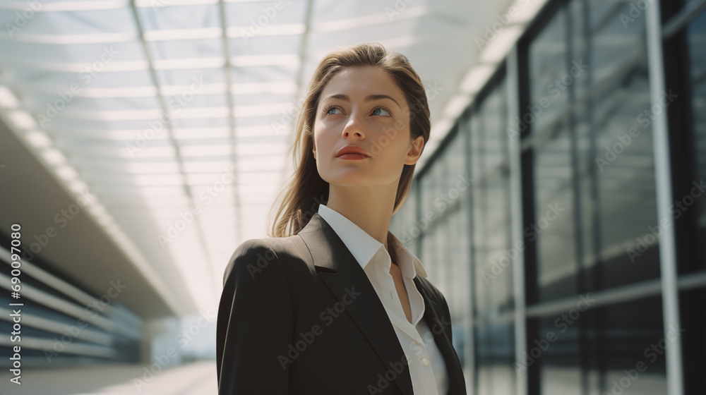 Fototapeta premium Woman stands against a business center. Young businessperson near an office building in the financial district of the city. Urban concept. Walk in a modern city. Generated AI