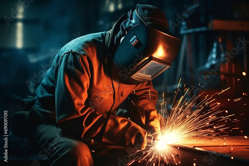 A welder works diligently in a hot workshop - with intense heat from the welding torch and sparks flying - showcasing industrial strength and skill. © Davivd