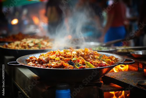 A bustling street food market offers hot and spicy dishes - filled with vibrant flavors - exotic spices - and a rich food culture.
